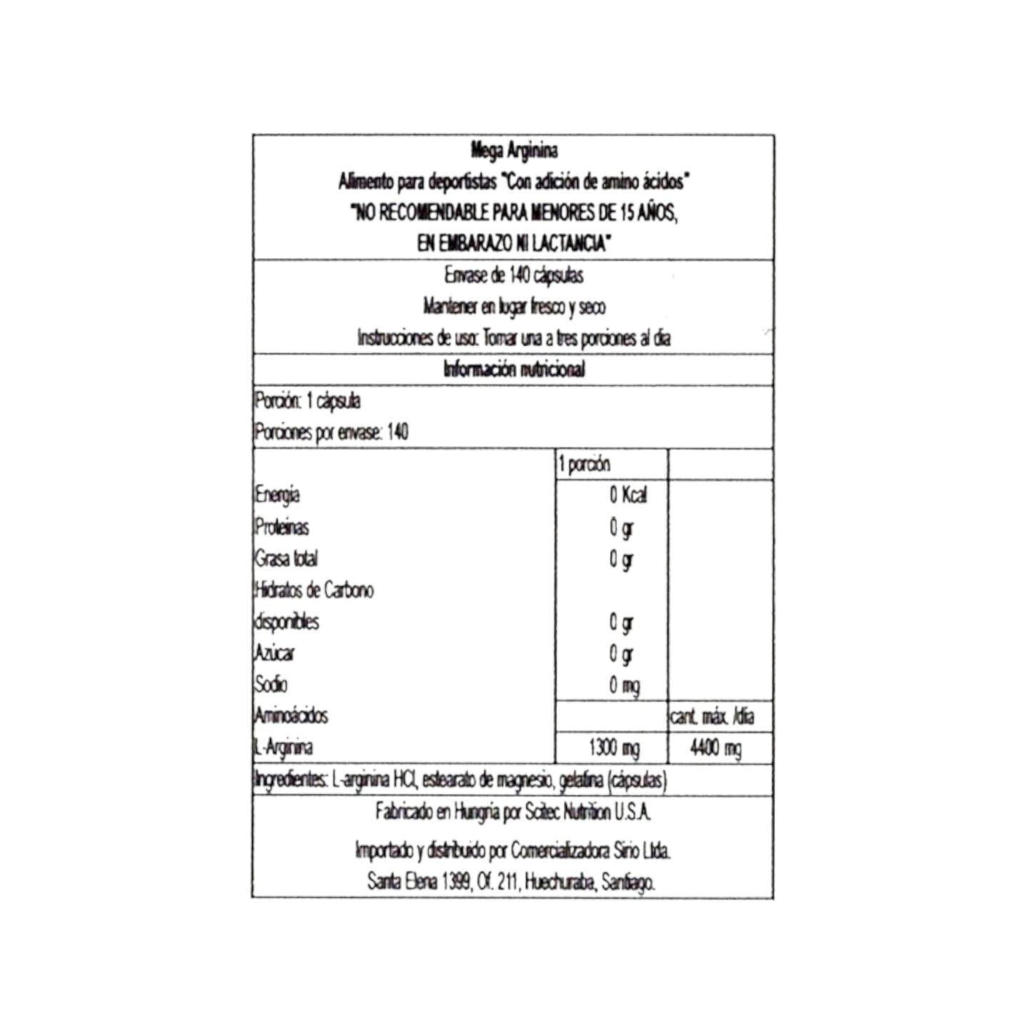 MEGA ARGININA 1.300 MG. 140 CAPSULAS - SCITEC NUTRITION