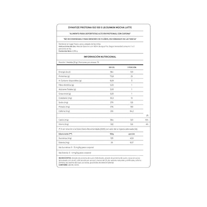 Información nutricional ISO100 Dunkin Mocha Latte 5 lb