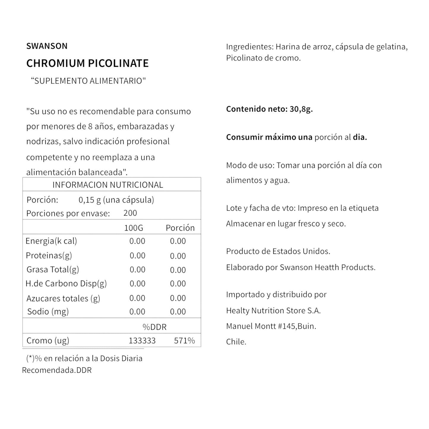 PICOLINATO DE CROMO 200MCG EN CÁPSULAS VEGANAS - SWANSON