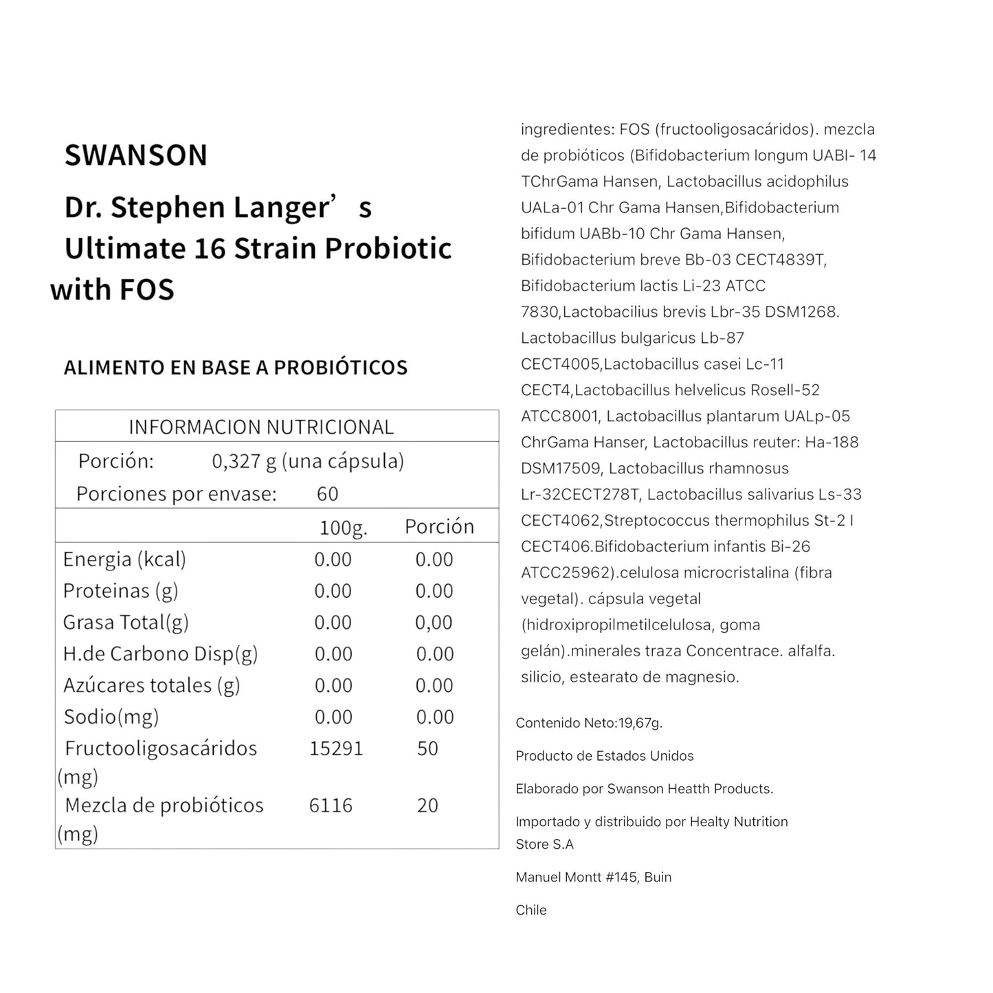 PROBIOTICO ULTIMATE 16 CEPAS + FOS 3.2 BILLONES CFU 60 CÁPSULAS - SWANSON
