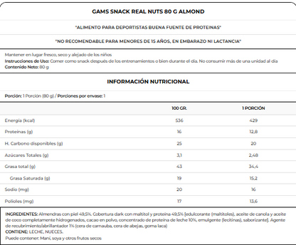 Información nutricional de Snack Real Nuts 80 g
