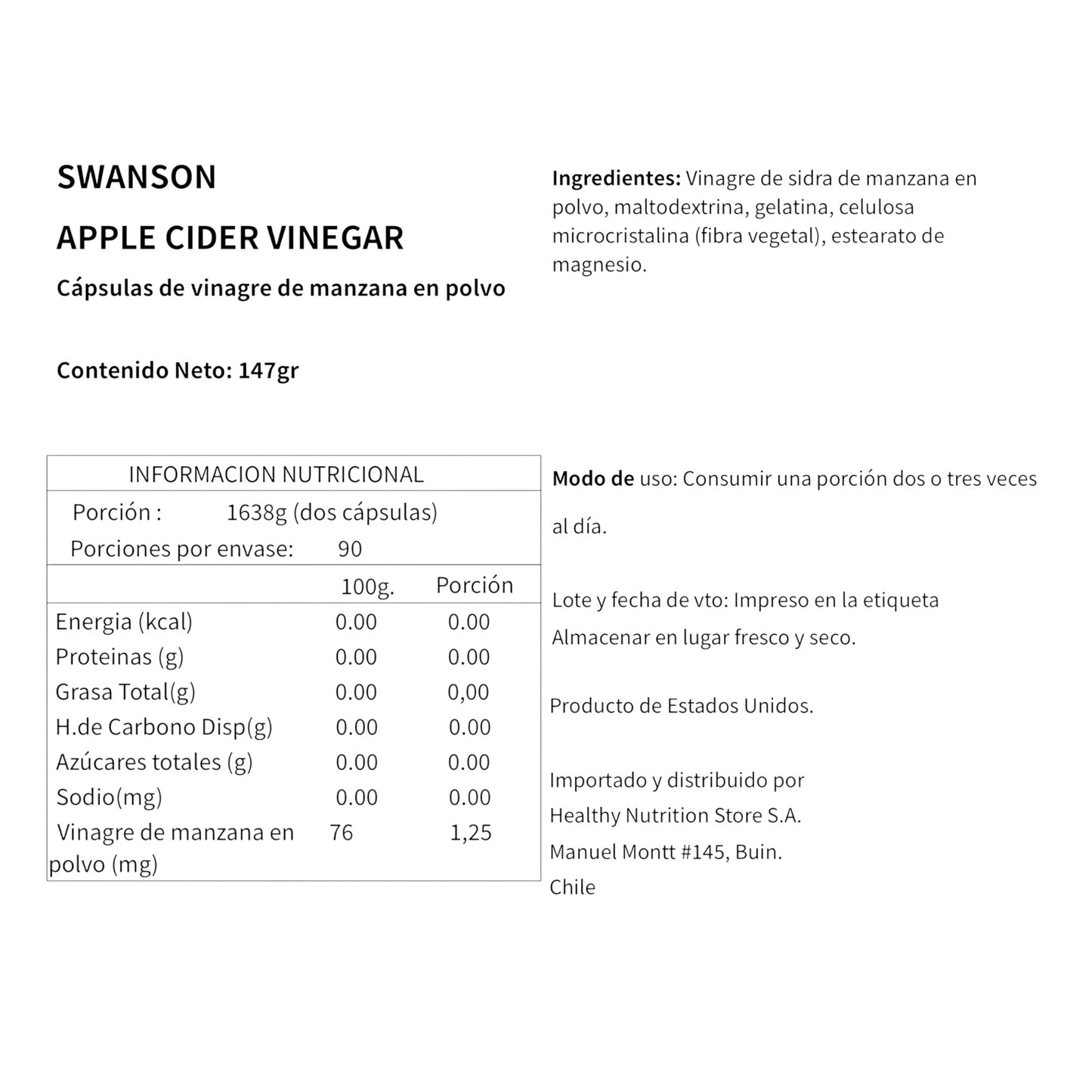 VINAGRE DE MANZANA 625MG 180 CAPSULAS VEGANAS - SWANSON