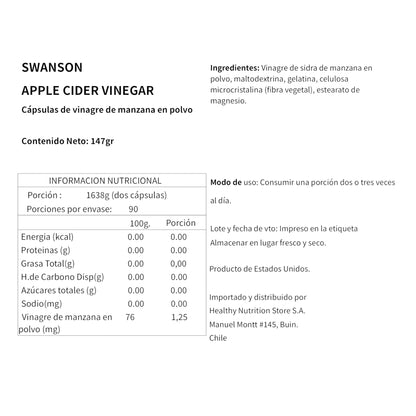 VINAGRE DE MANZANA 625MG 180 CAPSULAS VEGANAS - SWANSON