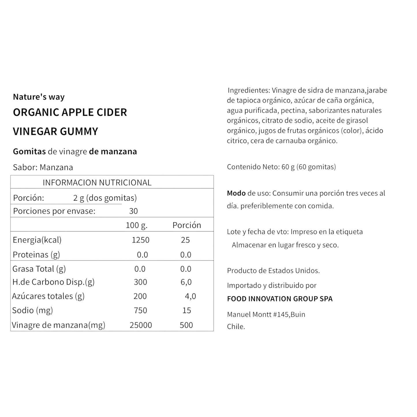 VINAGRE DE MANZANA ORGANICO  60 GOMITAS - NATURE'S WAY