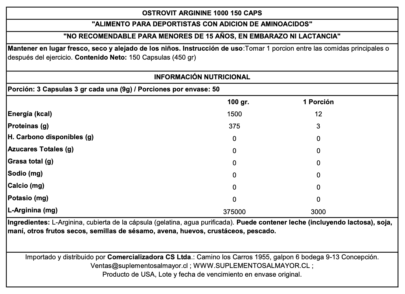 ARGININE 1000 150 CAPSULAS - OSTROVIT