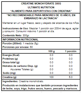 CREATINA MONOHIDRATADA 300GR 60 SERVICIOS - ULTIMATE NUTRITION