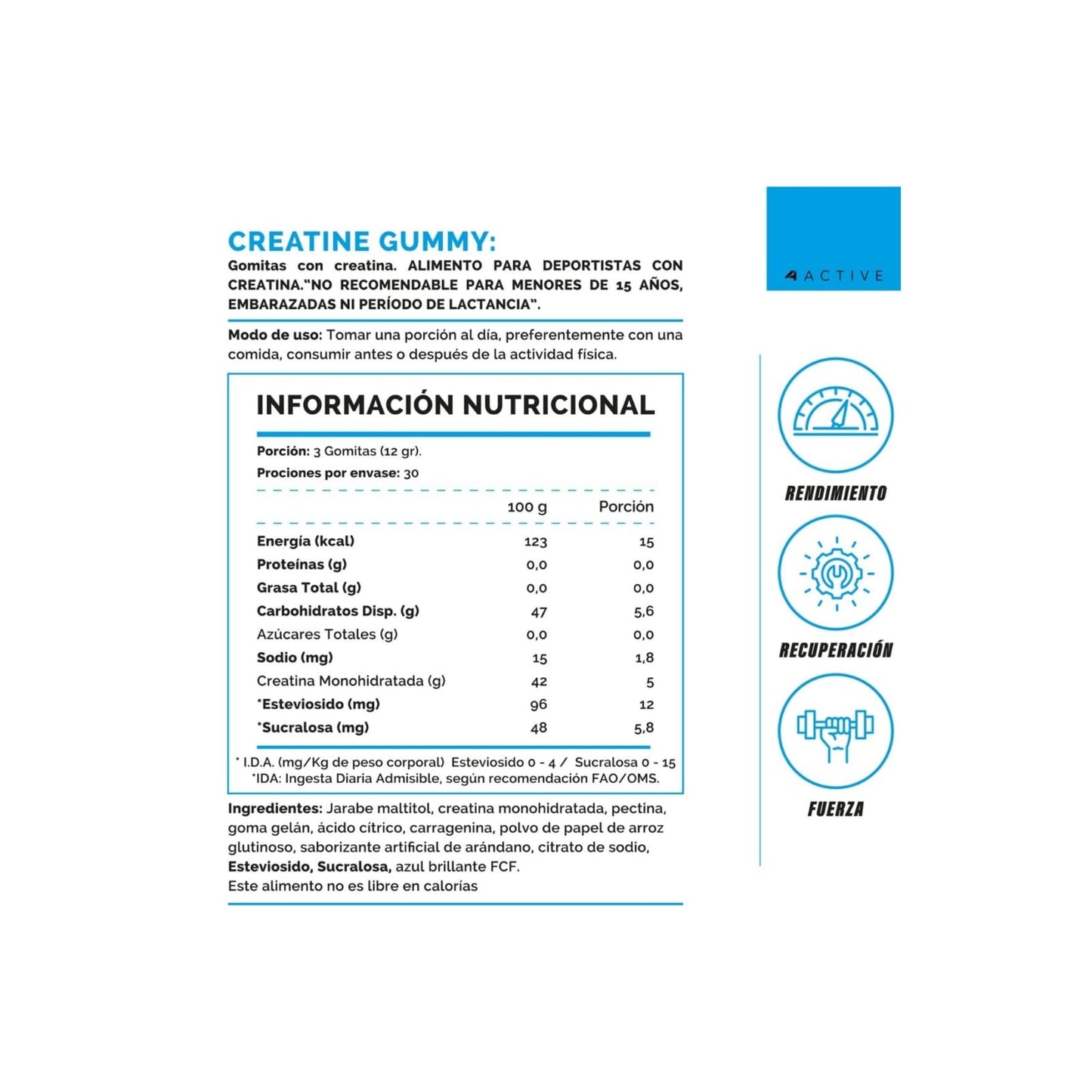 CREATINA MONOHIDRATADA GOMITAS 360GR - 4ACTIVE