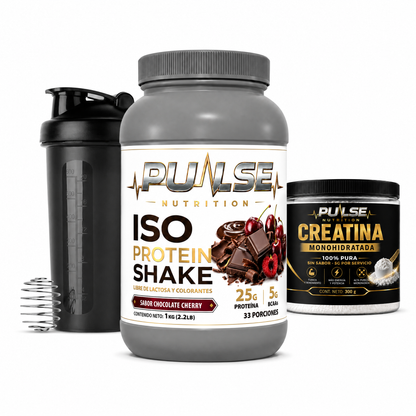 Pack Proteína ISO Shake 2.2 lb + creatina 300 g + shaker – Pulse Nutrition