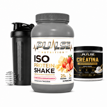Pack Proteína ISO Shake 2.2 lb + creatina 300 g + shaker – Pulse Nutrition