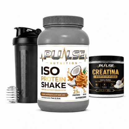 Pack Proteína ISO Shake 2.2 lb + creatina 300 g + shaker – Pulse Nutrition