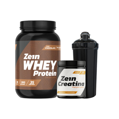 Pack Proteína Whey 1.1 kg + creatina 60 servicios + shaker – Zein