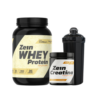 Pack Proteína Whey 1.1 kg + creatina 60 servicios + shaker – Zein