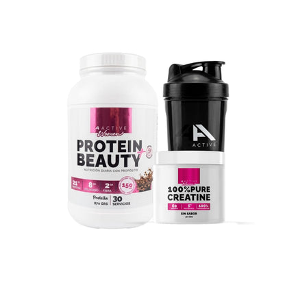 Pack Proteína Beauty 870 g + creatina 300 g sin sabor + shaker – 4Active