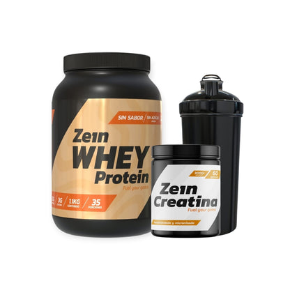 Pack Proteína Whey 1.1 kg + creatina 60 servicios + shaker – Zein