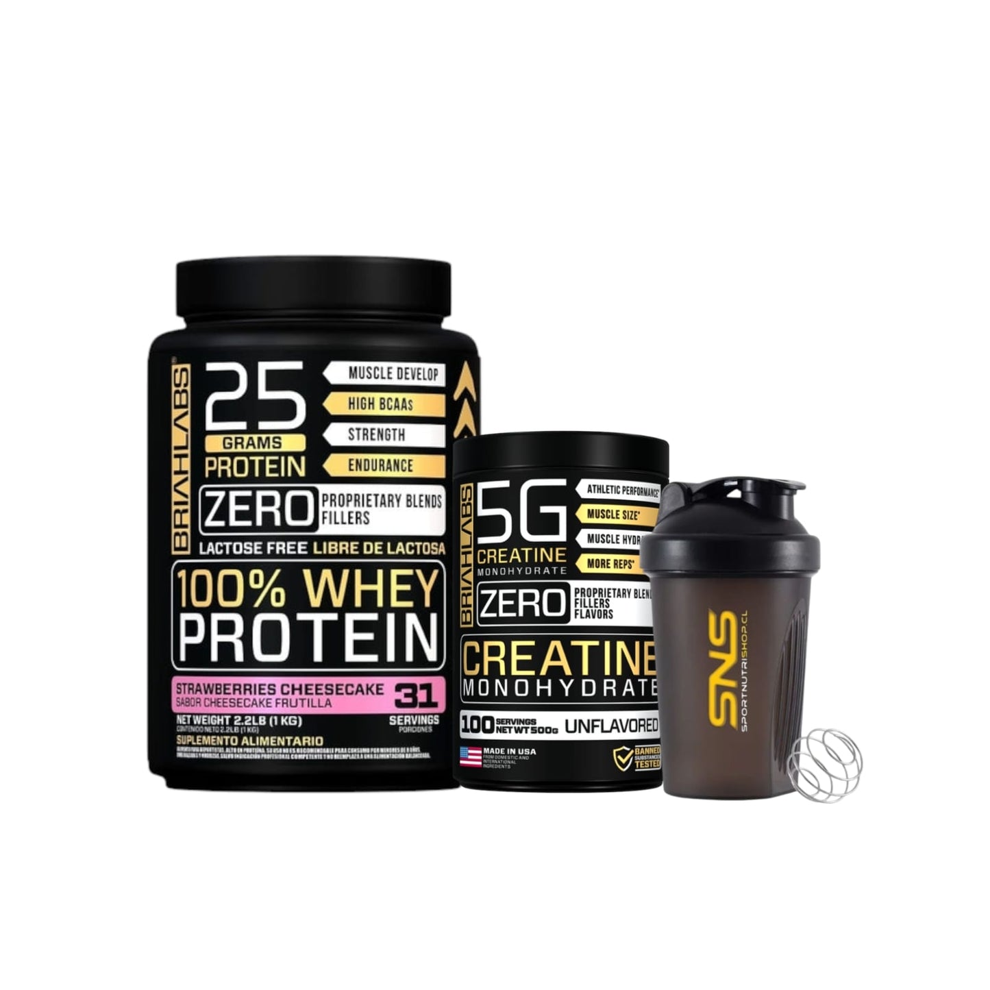 PACK PROTEINA 100% WHEY 1KG + CREATINA 500GR + SHAKER - BRIAHLABS