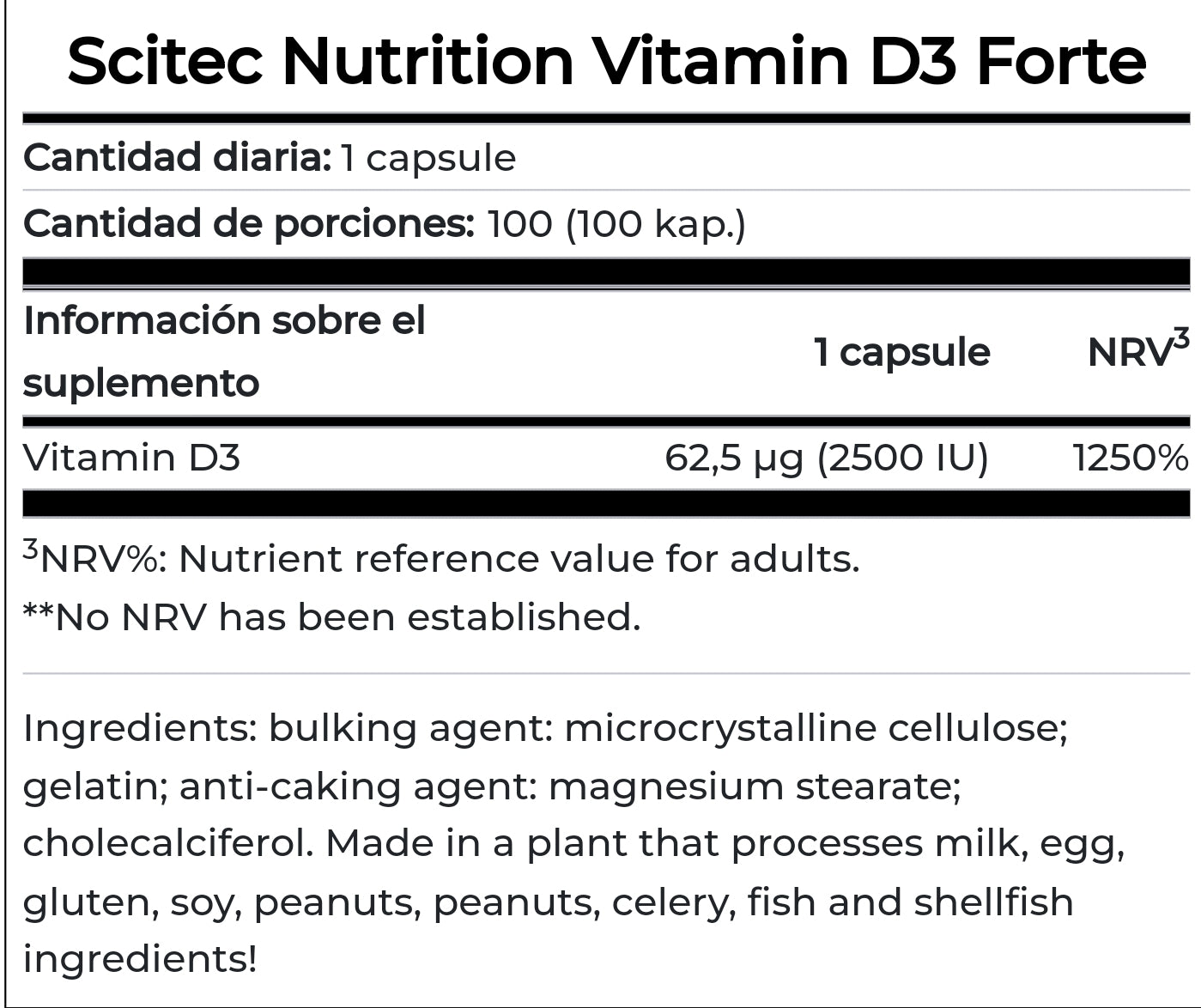 VITAMINA D3 FORTE (2.600 UI) 100 CÁPSULAS - SCITEC NUTRITION