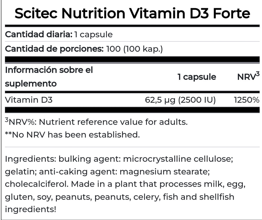 Vitamina D3 Forte (2.600 UI) 100 cápsulas – Scitec Nutrition