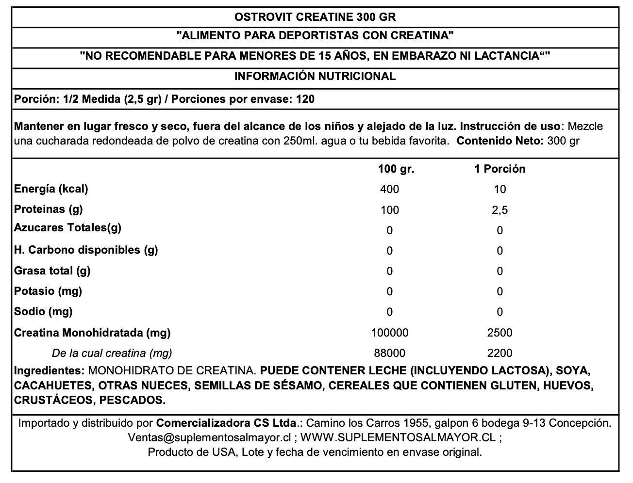 CREATINA MONOHIDRATADA 300GRS - OSTROVIT