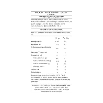 Información nutricional de MANTEQUILLA DE ALMENDRAS CRUNCHY 500 G – OSTROVIT