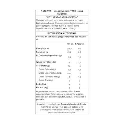 Información nutricional de MANTEQUILLA DE ALMENDRAS SMOOTH 1000 G – OSTROVIT