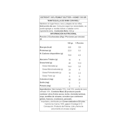 Información nutricional de MANTEQUILLA DE MANÍ CON MIEL 500 G – OSTROVIT