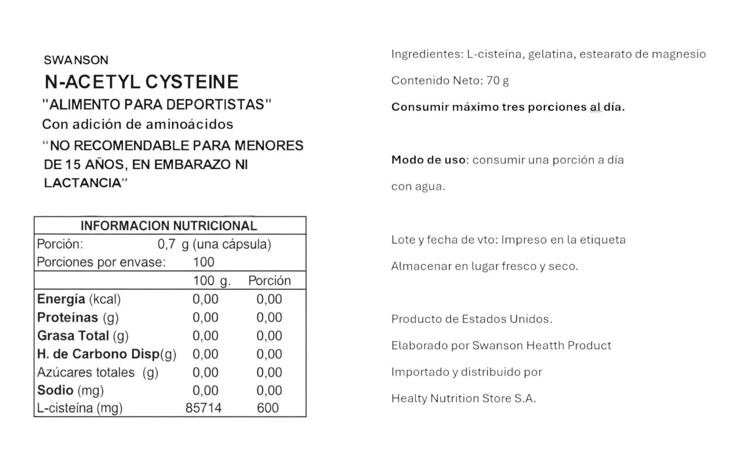 N-ACETIL CISTEINA (NAC) 600MG 100 CAPSULAS - SWANSON