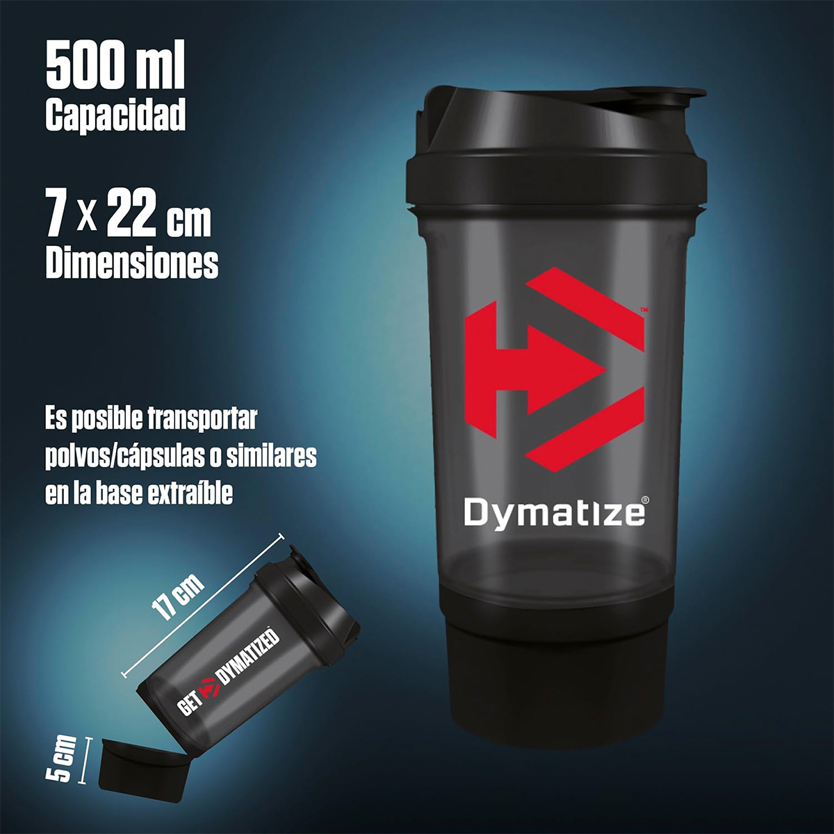 SHAKER GET NEGRO 500ML CON COMPARTIMIENTO - DYMATIZE
