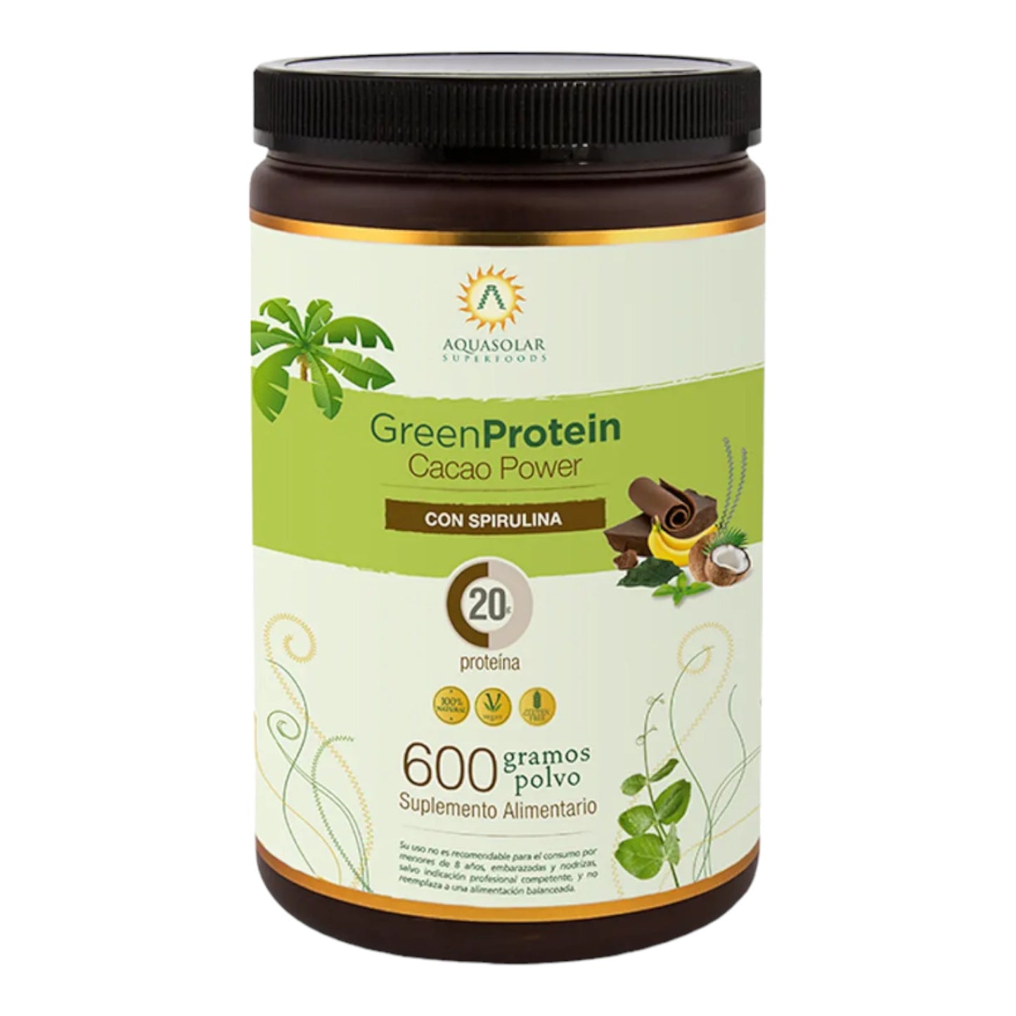 GREEN PROTEIN CACAO POWER CON SPIRULINA 600GR - AQUASOLAR